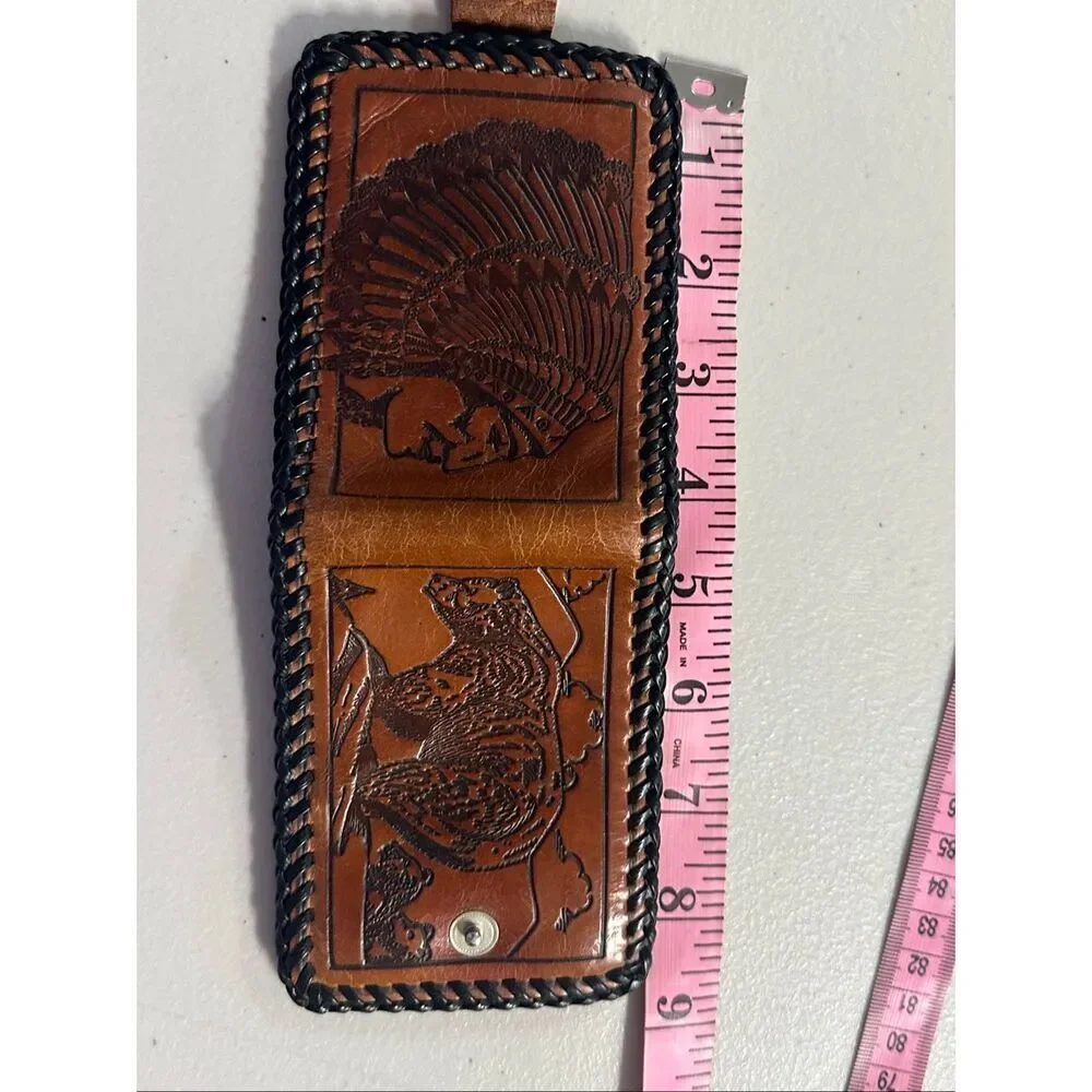 Vintage Men's Brown Hand Tooled Leather Native American Bi-fold Wallet OS